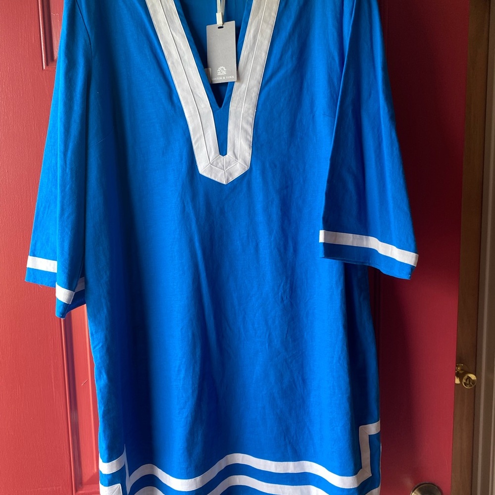 Preston & York Cobalt Linen/Rayon Blue Tunic Dress with White Trim